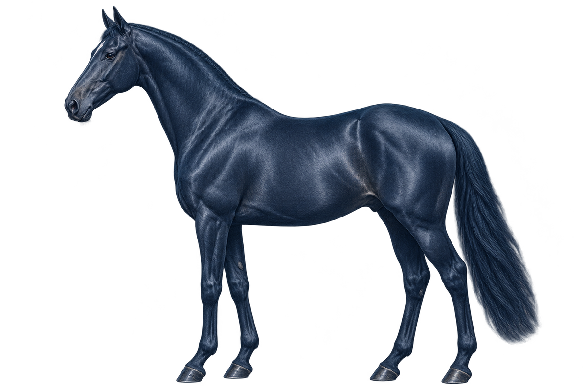 Donkerblauw paard in zijaanzicht